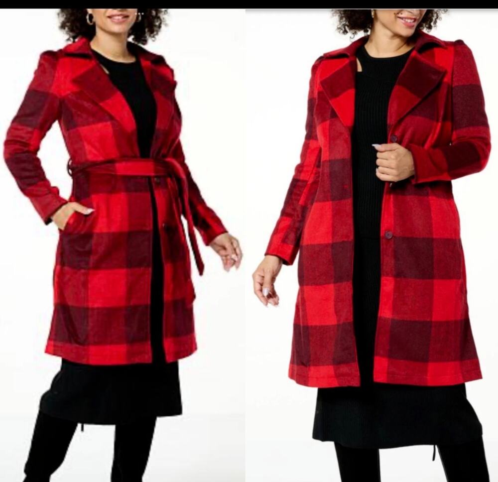 New G by Giuliani red & black plaid trench coat jacket size XS $120